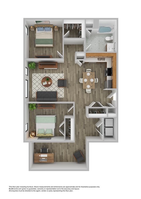 A floor plan of a two-bedroom apartment with a living room, kitchen, and bathroom.